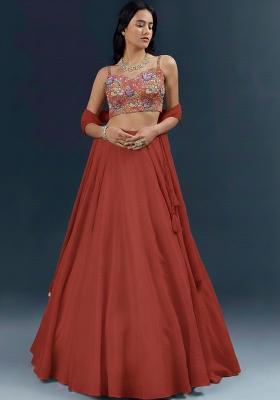 Rust Printed Crepe Lehenga Set