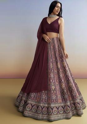 Purple Embroidered Crepe Lehenga Set