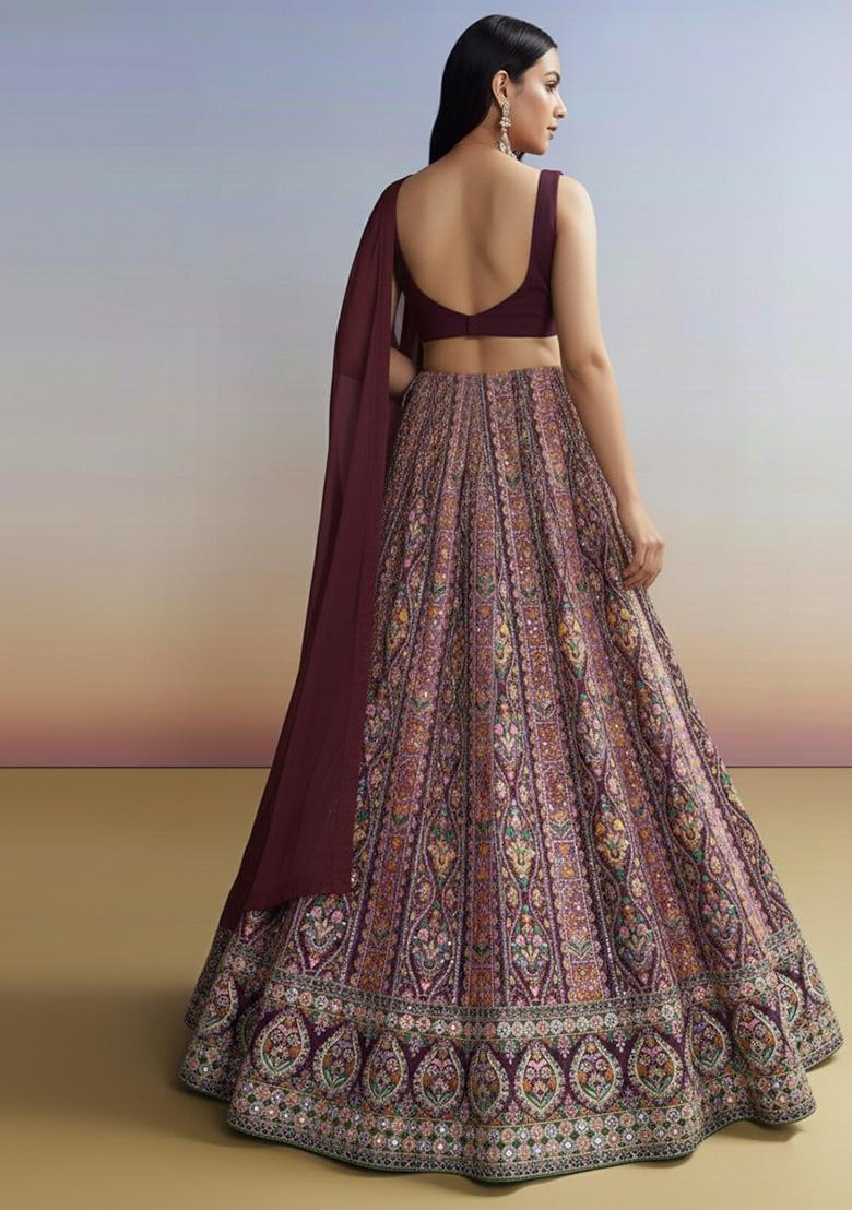 Purple Embroidered Crepe Lehenga Set - Indya