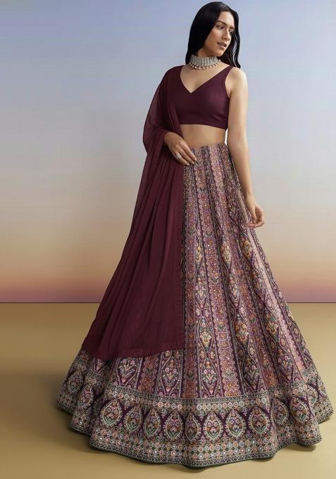 Purple Embroidered Crepe Lehenga Set
