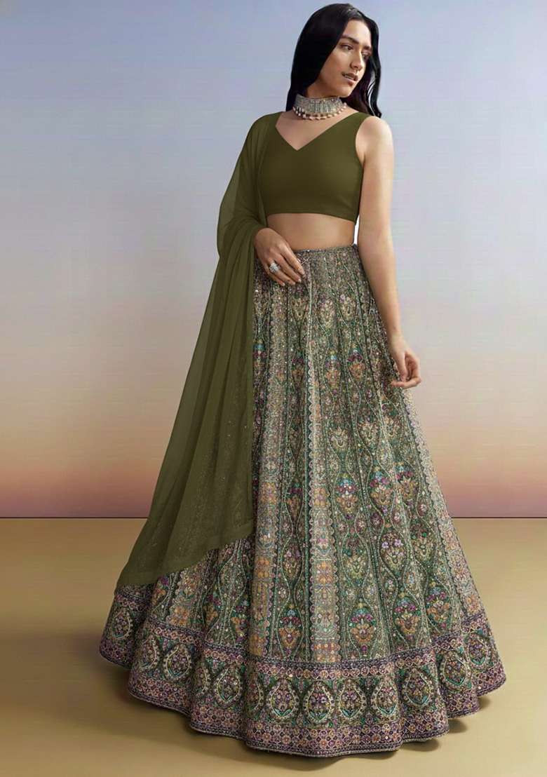 Olive Green Embroidered Crepe Lehenga Set - Indya
