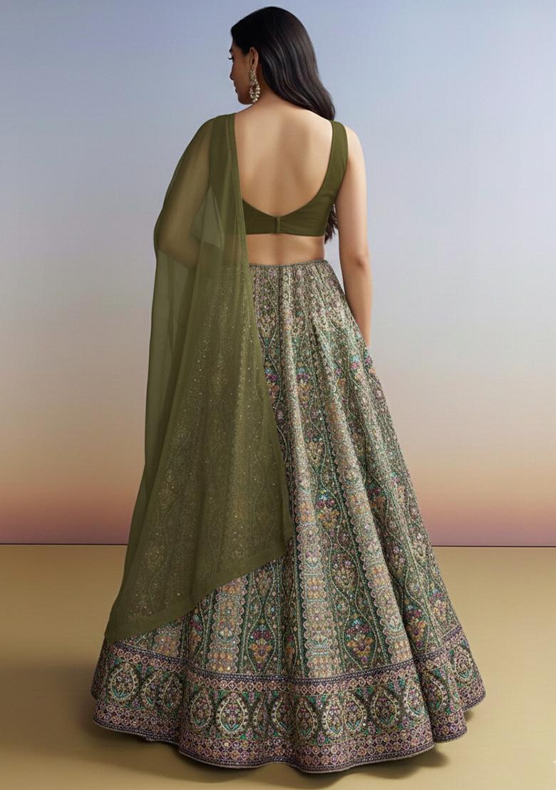 Olive Green Embroidered Crepe Lehenga Set - Indya