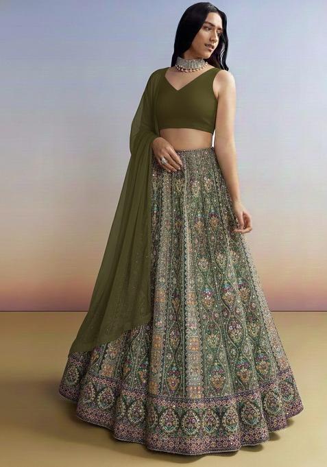 Olive Green Embroidered Crepe Lehenga Set