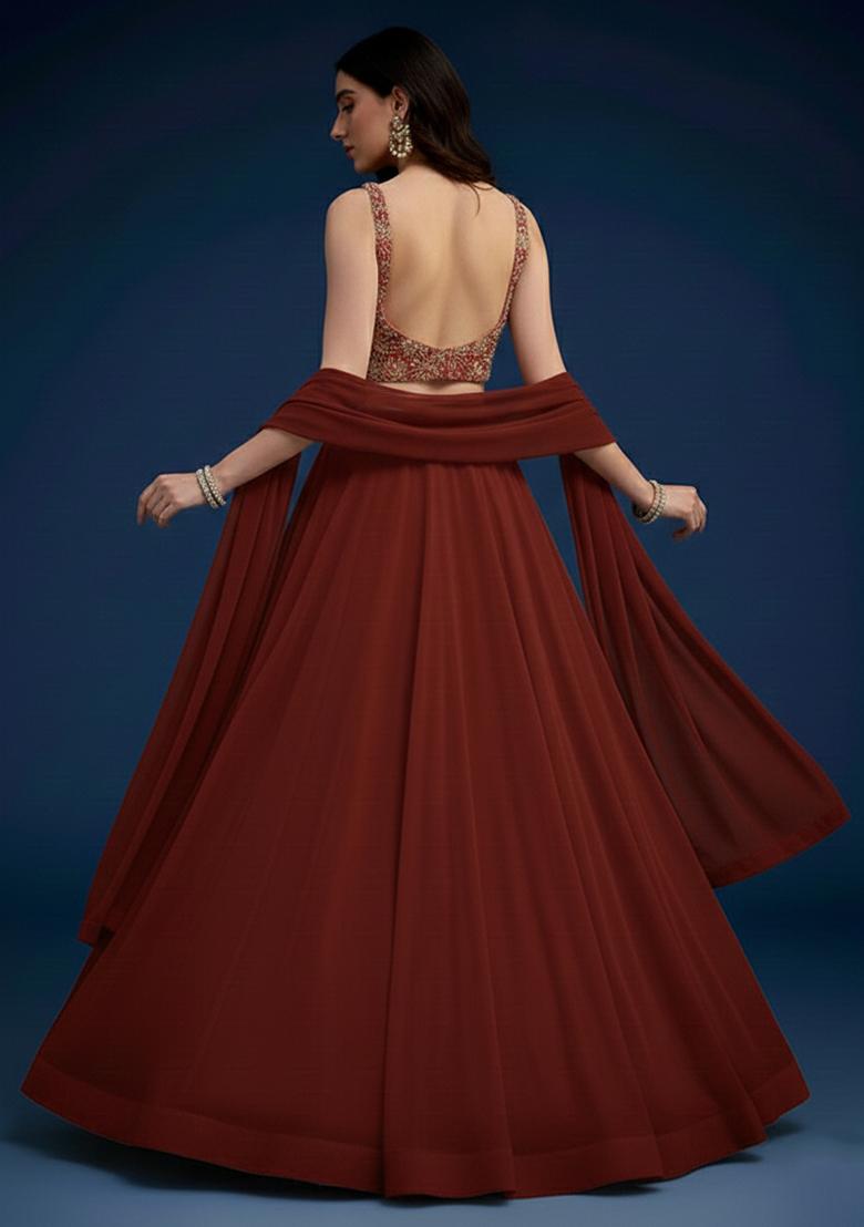 Deep Maroon Embroidered Tissue Lehenga Set - Indya