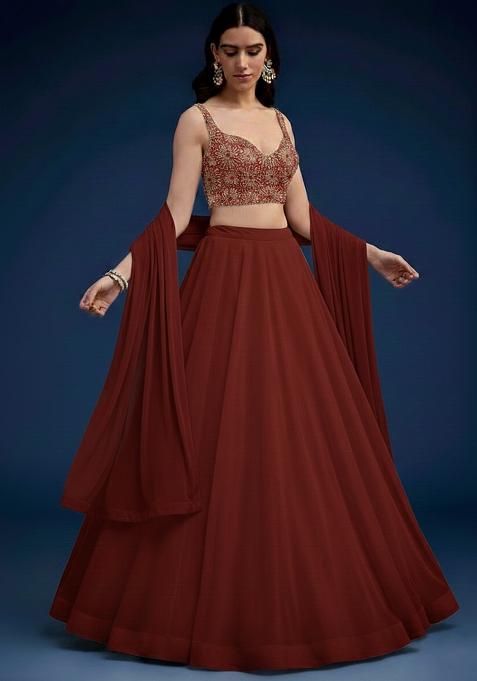 Deep Maroon Embroidered Tissue Lehenga Set