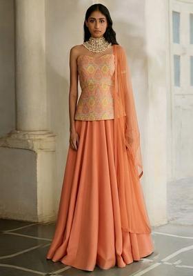 Peach Printed Jacquard Lehenga