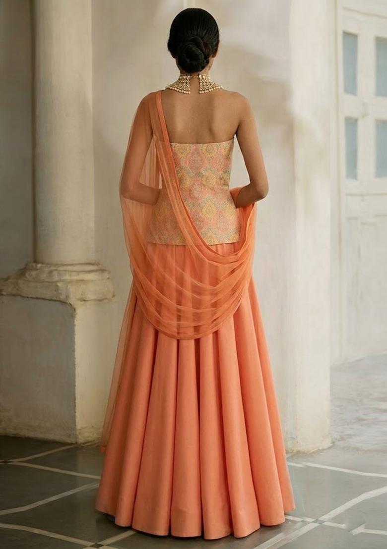 Peach Printed Jacquard Lehenga - Indya