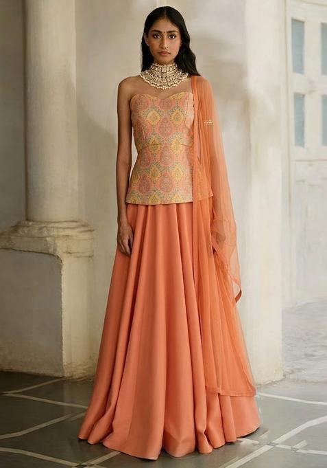 Peach Printed Jacquard Lehenga