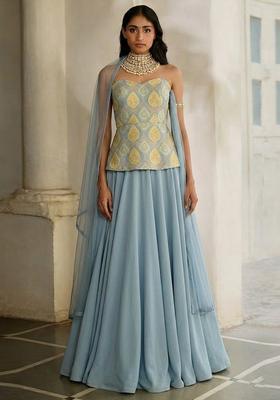 Powder Blue Printed Jacquard Lehenga