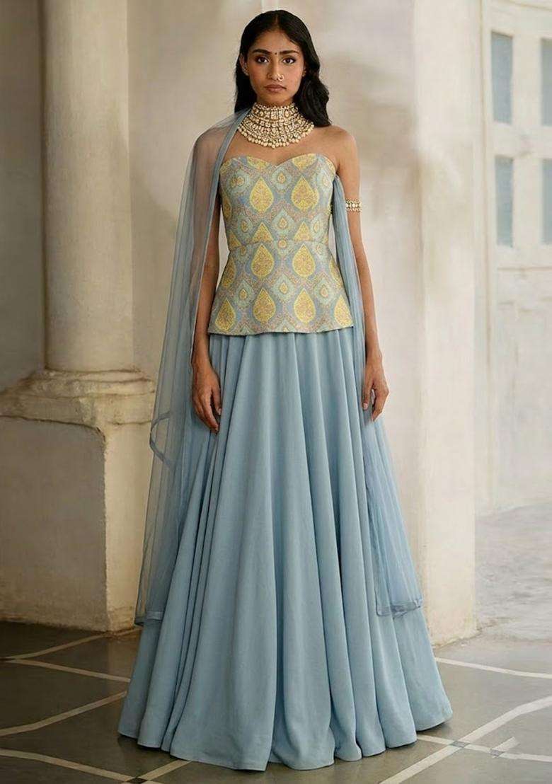Powder Blue Printed Jacquard Lehenga - Indya