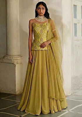 Olive Green Printed Jacquard Lehenga