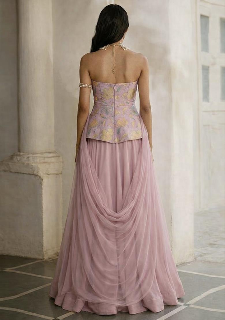 Lavender Floral Print Jacquard Lehenga - Indya