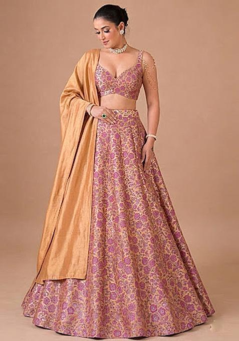 Dusty Mauve Jacquard Silk Lehenga