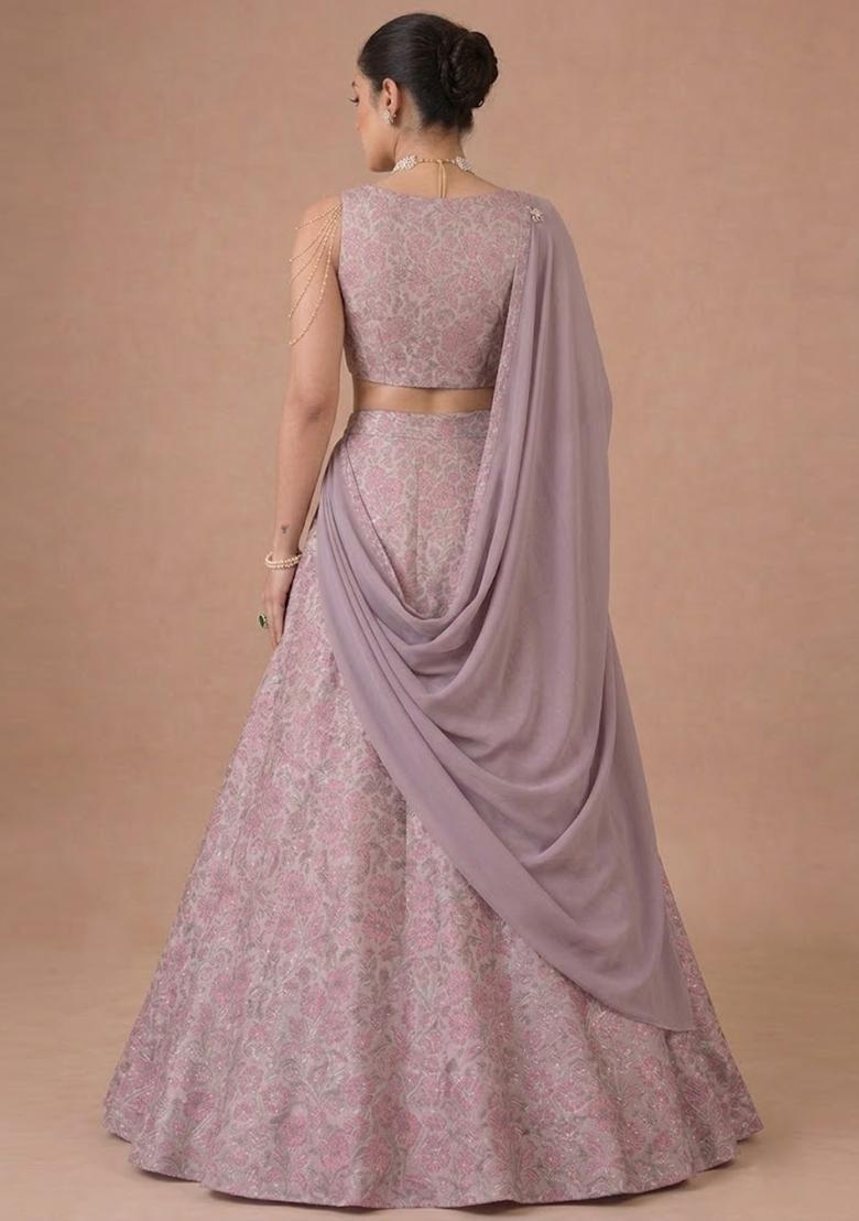 Dusty Lavender Jacquard Silk Lehenga - Indya