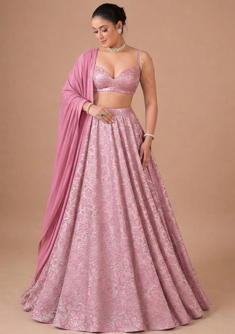 Blush Pink Jacquard Silk Lehenga - Indya
