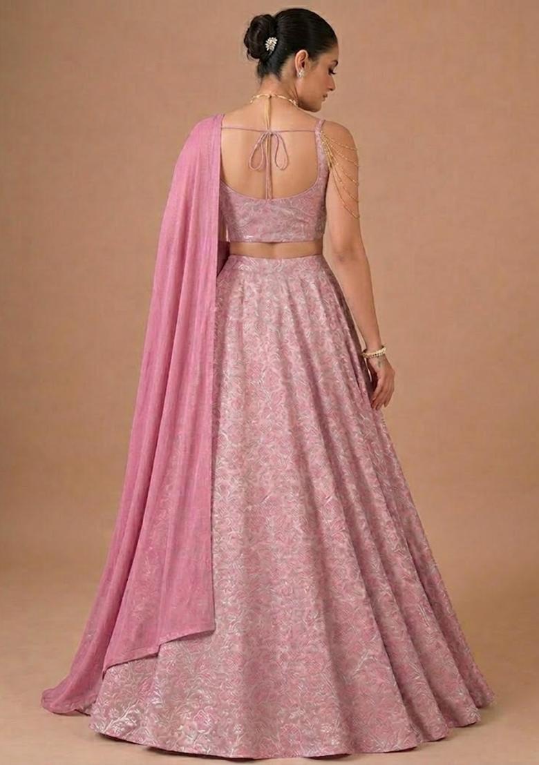 Blush Pink Jacquard Silk Lehenga - Indya