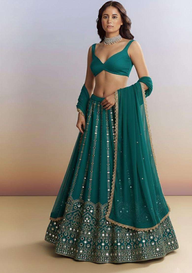 Teal Green Embellished Silk Blend Lehenga Set - Indya