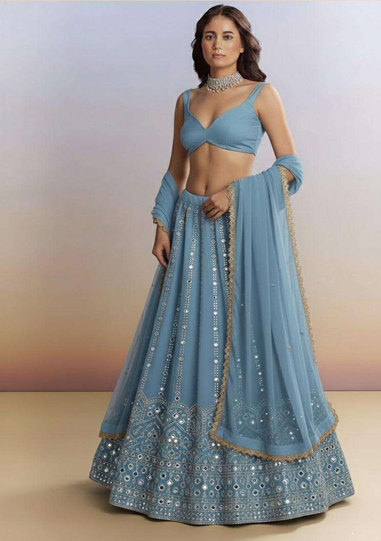 Powder Blue Embellished Silk Blend Lehenga Set - Indya