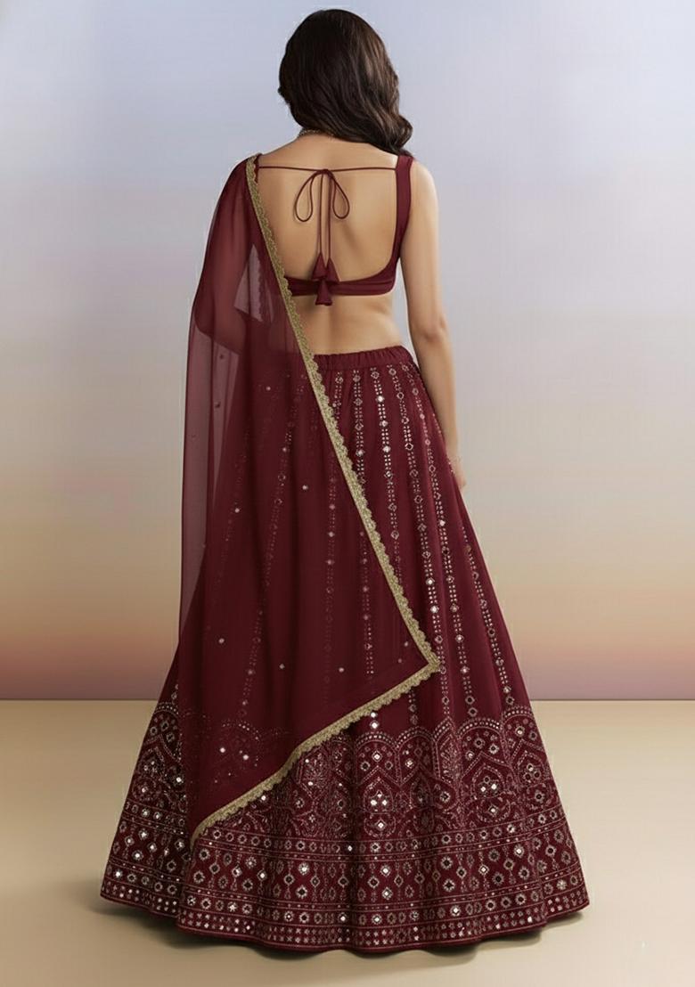 Deep Maroon Embellished Silk Lehenga Set - Indya