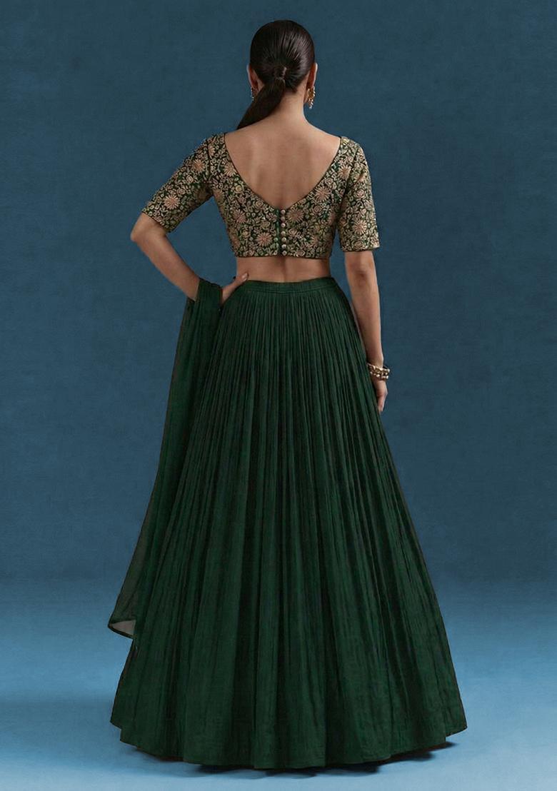 Dark Geen Embroidery Crepe Lehenga - Indya