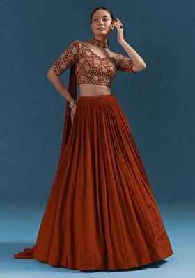 Rust Embroidery Crepe Lehenga