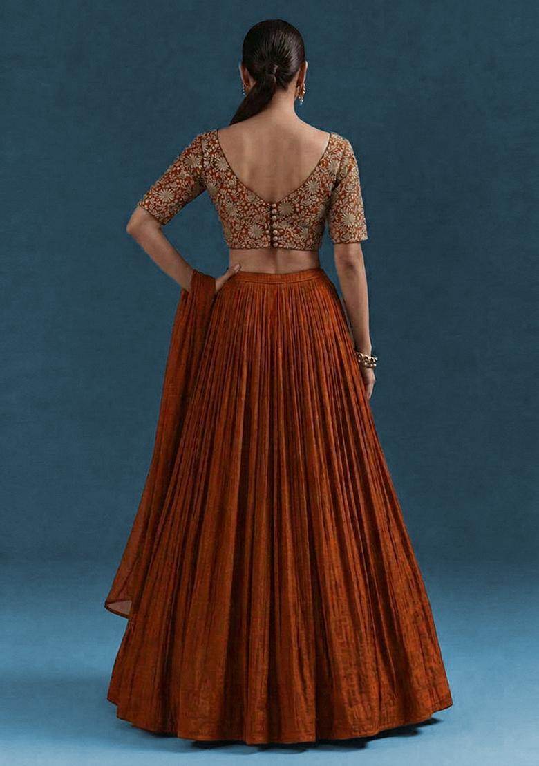 Rust Embroidery Crepe Lehenga - Indya