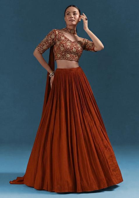Rust Embroidery Crepe Lehenga