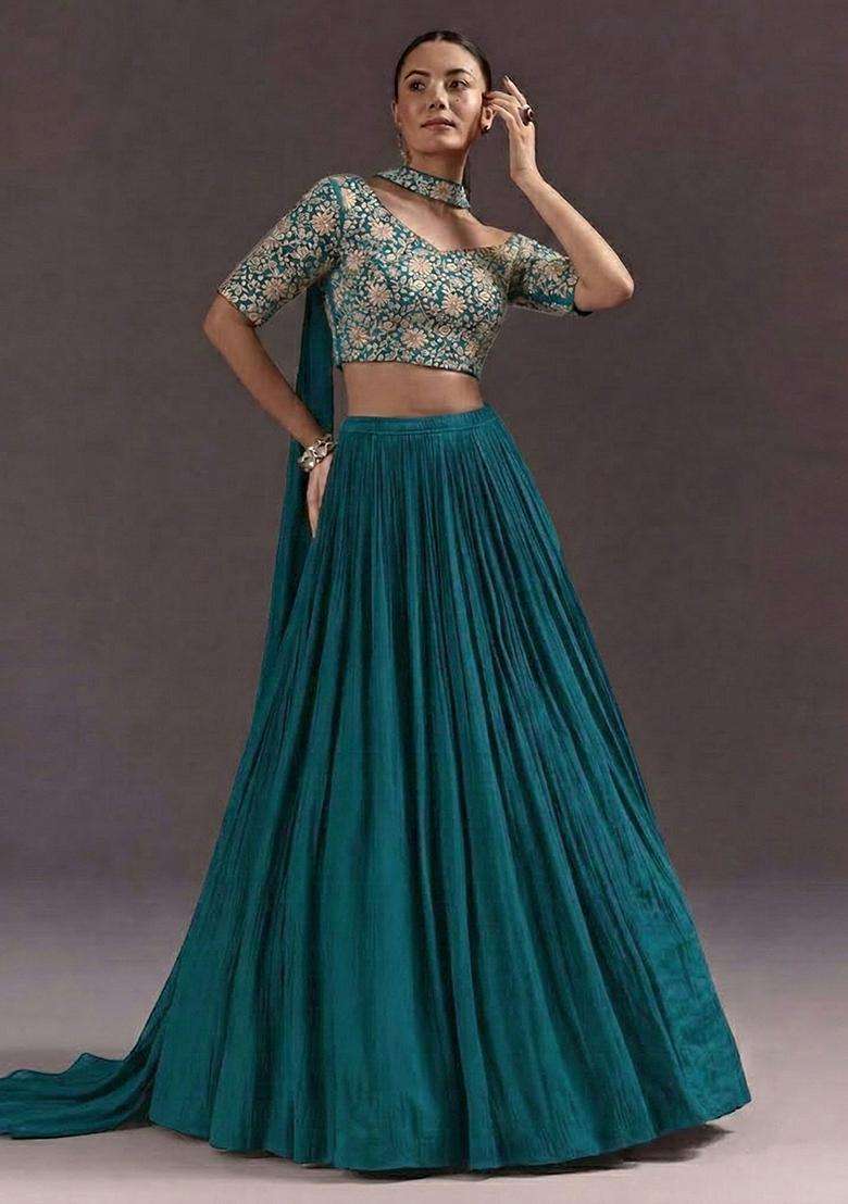 Teal Green Embroidery Crepe Lehenga - Indya