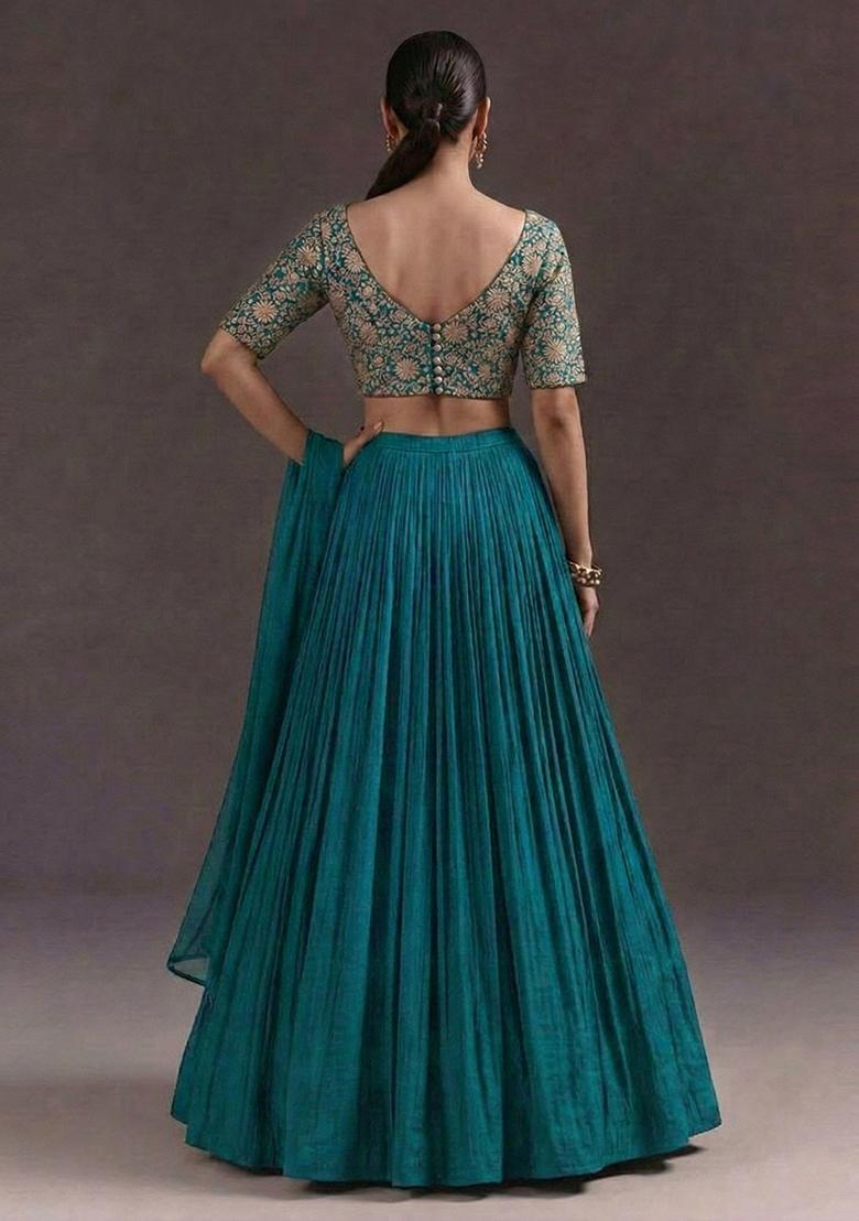 Teal Green Embroidery Crepe Lehenga - Indya
