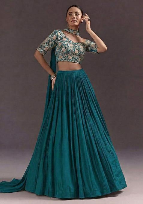 Teal Green Embroidery Crepe Lehenga