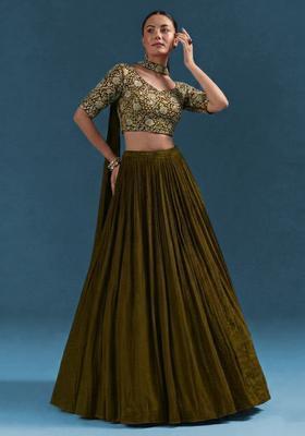 Olive Brown Embroidery Crepe Lehenga