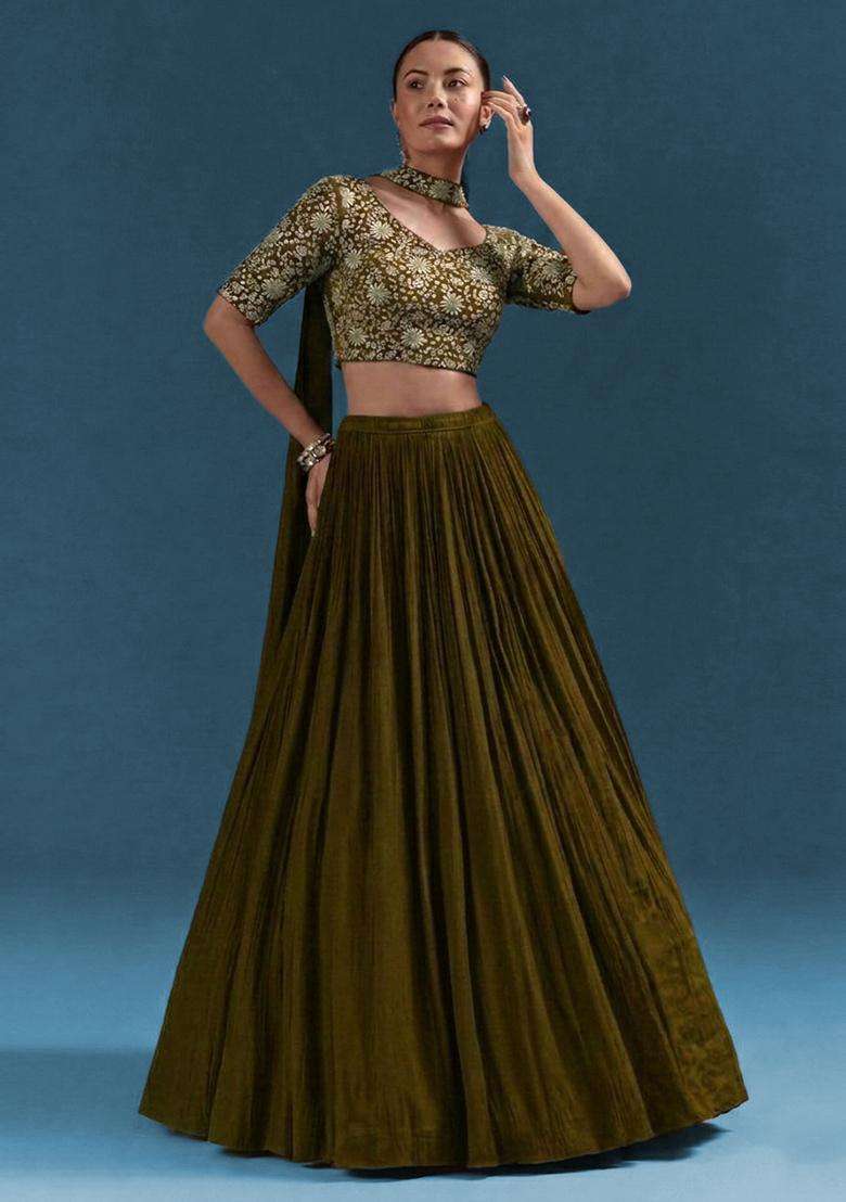 Olive Brown Embroidery Crepe Lehenga - Indya