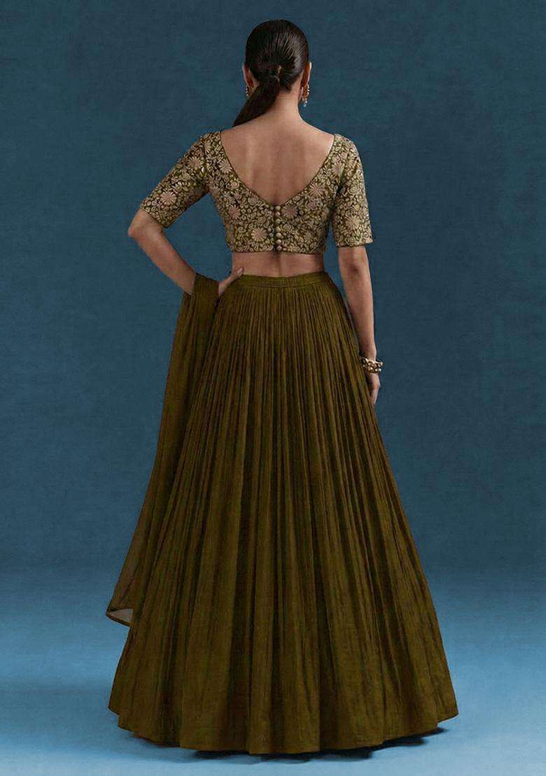 Olive Brown Embroidery Crepe Lehenga - Indya