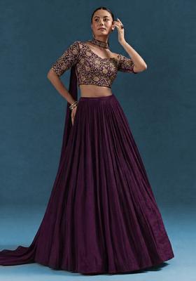 Deep Purple Embroidery Crepe Lehenga