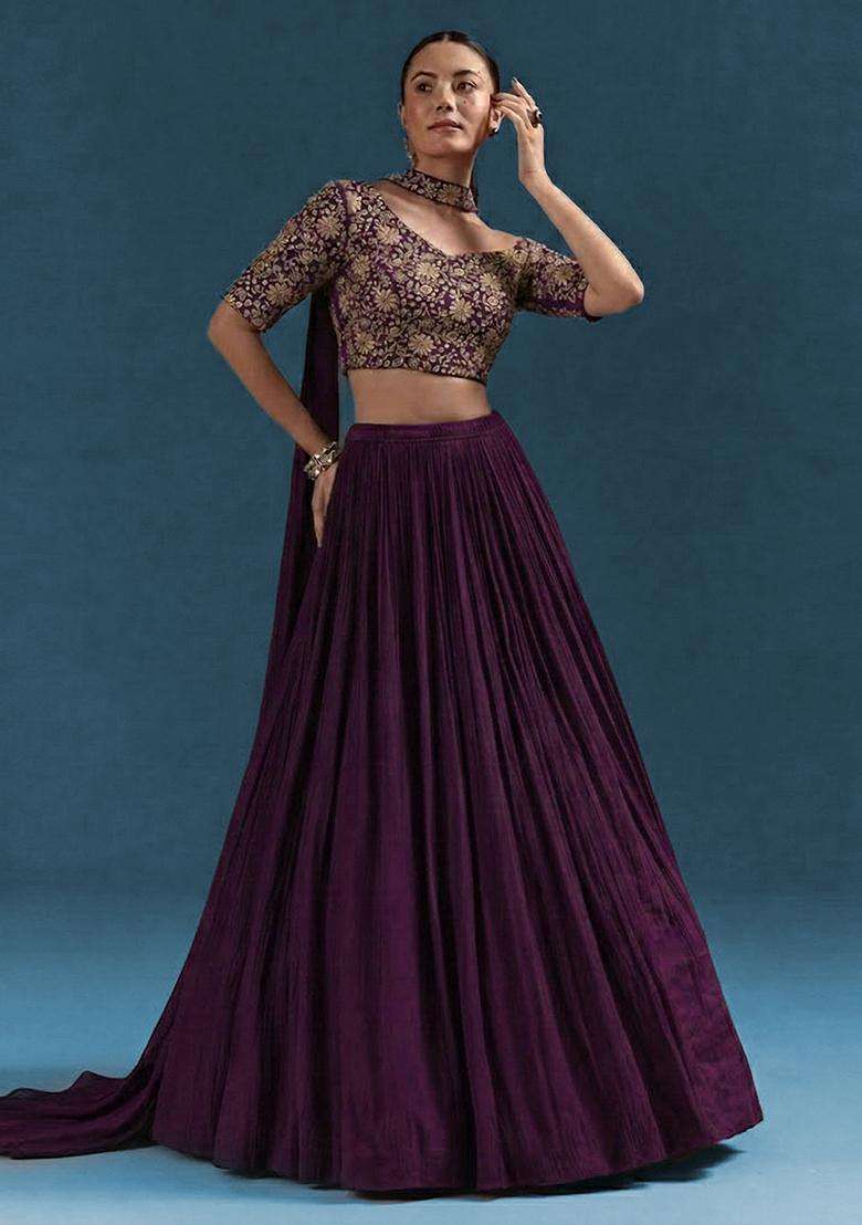 Deep Purple Embroidery Crepe Lehenga - Indya