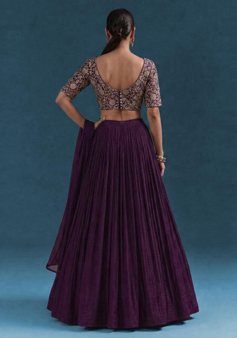 Deep Purple Embroidery Crepe Lehenga - Indya