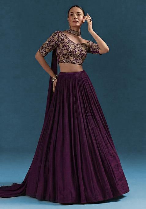 Deep Purple Embroidery Crepe Lehenga