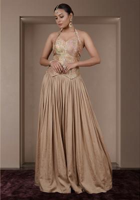 Beige Printed Jacquard Lehenga