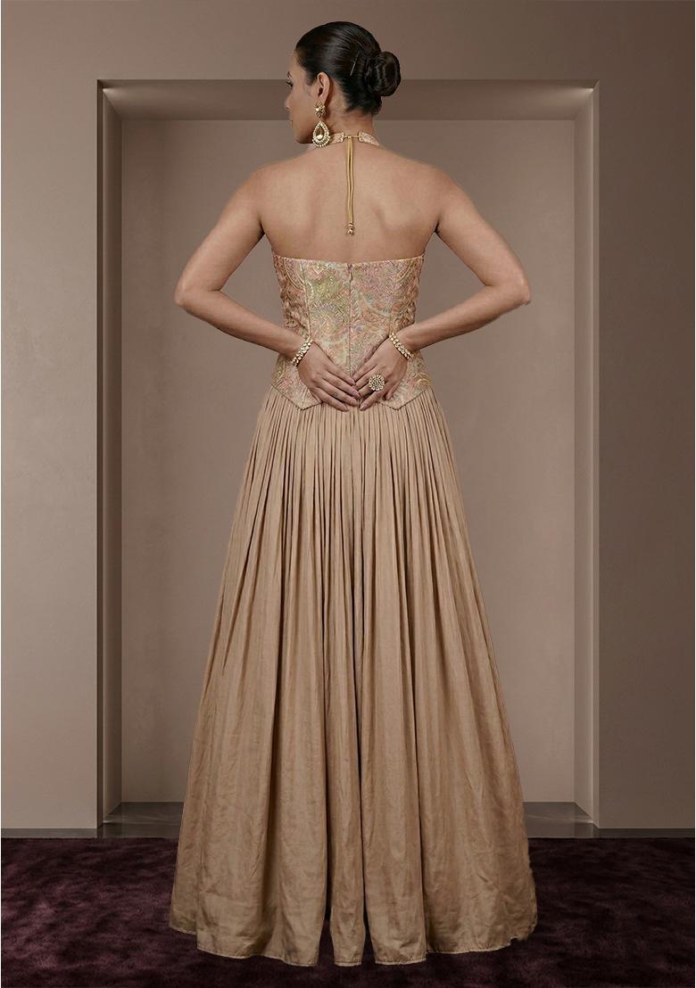 Beige Printed Jacquard Lehenga - Indya