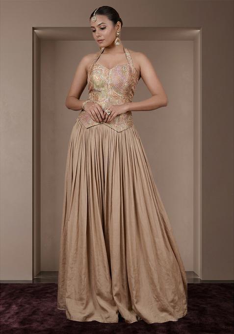 Beige Printed Jacquard Lehenga