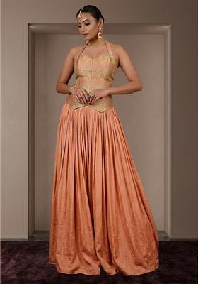 Peach Printed Jacquard Lehenga