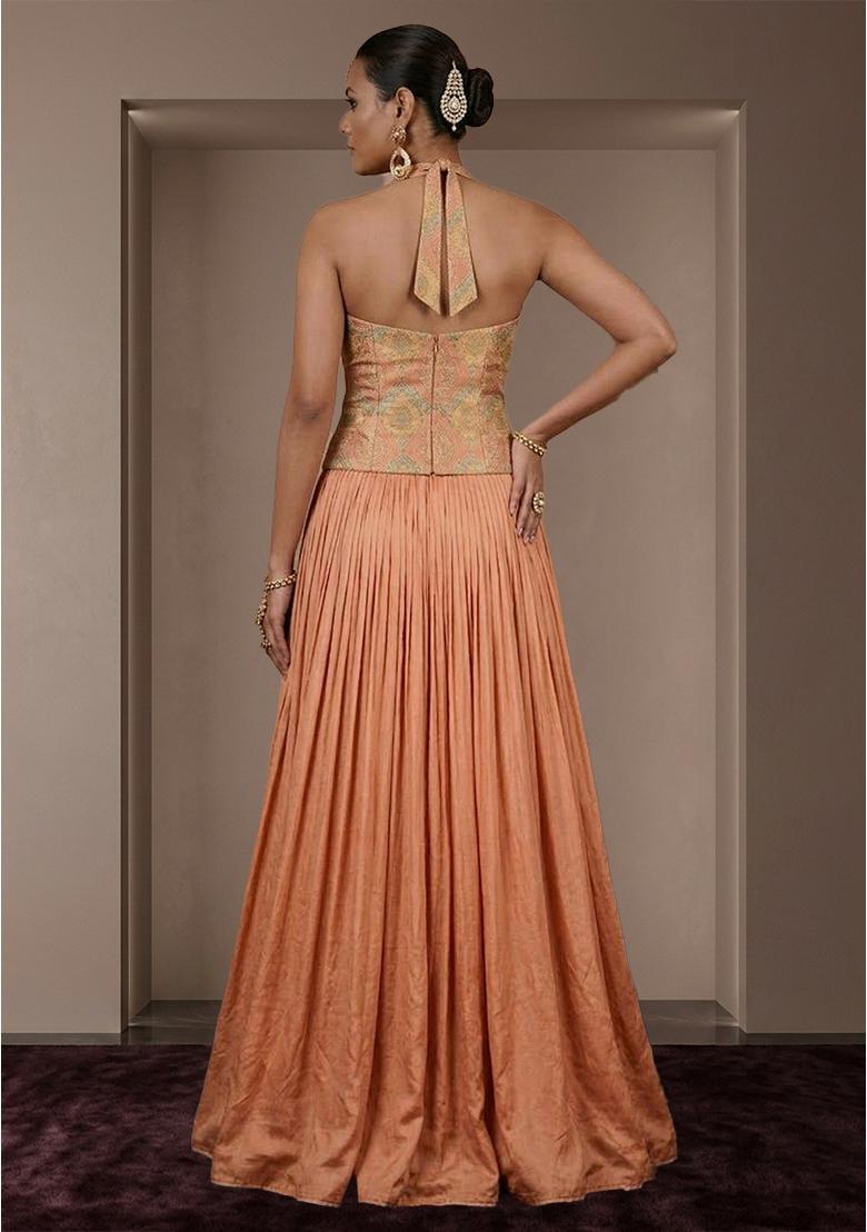 Peach Printed Jacquard Lehenga - Indya