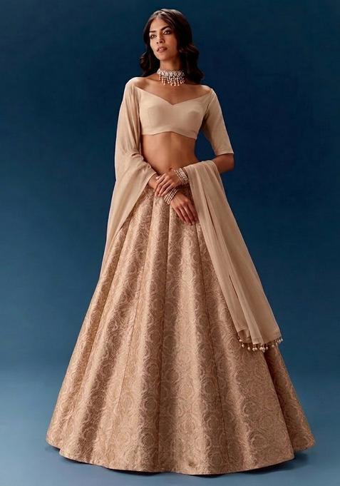 Beige Jacquard Silk Lehenga
