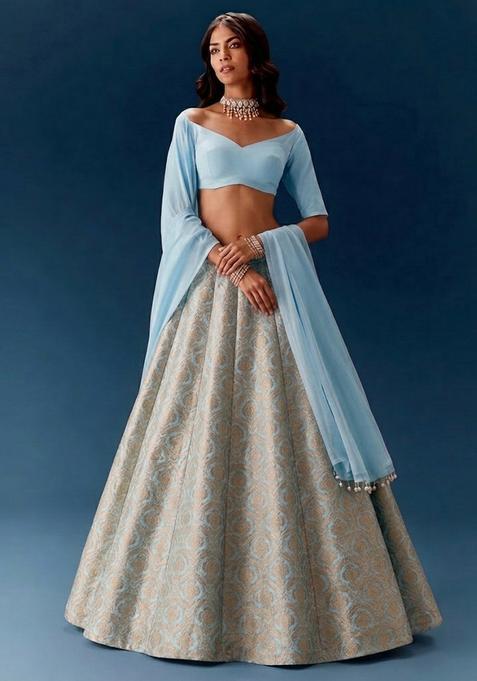 Powder Blue Jacquard Silk Lehenga