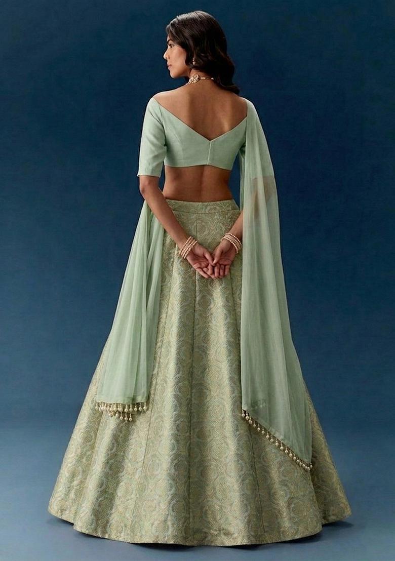 Mint Green Jacquard Silk Lehenga - Indya