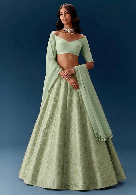 Mint Green Jacquard Silk Lehenga