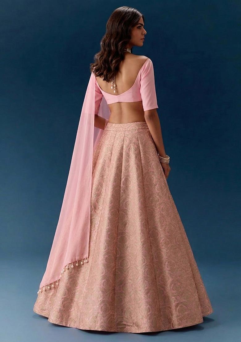 Soft Pink Jacquard Silk Lehenga - Indya