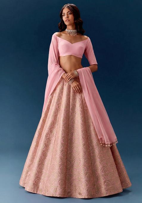 Soft Pink Jacquard Silk Lehenga