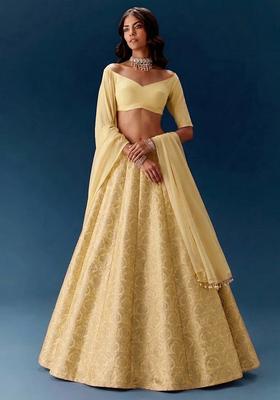 Light Yellow Jacquard Silk Lehenga