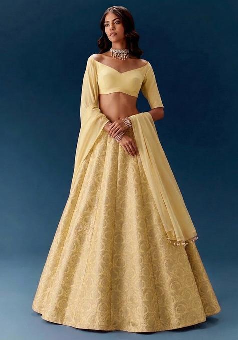 Light Yellow Jacquard Silk Lehenga